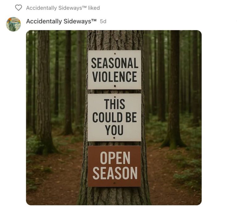A tree in a dense forest with three signs nailed to the trunk displaying the messages “Seasonal Violence,” “This Could Be You,” and “Open Season,” similar to the image posted by the individual who threatened Christian Action Network’s president.