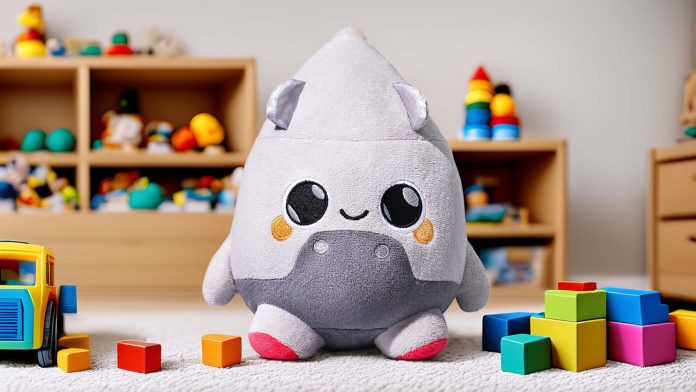 A small gray teardrop-shaped plush of Curio’s Grok with shiny little horns, big black eyes, yellow cheek spots, and tiny feet with pink tips, sitting upright on a white background.