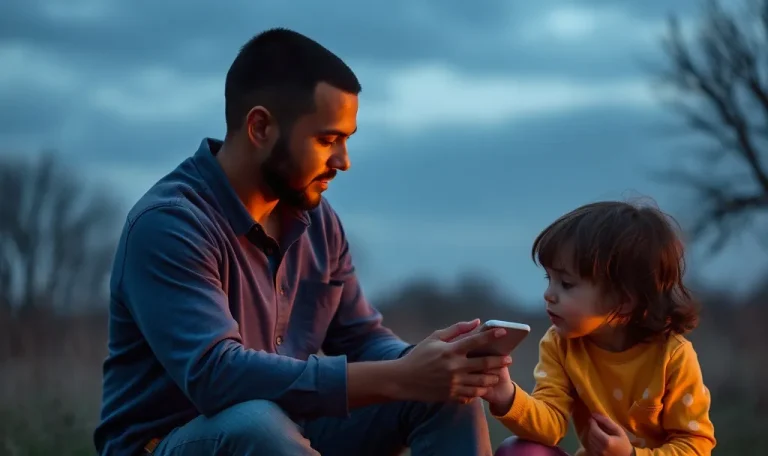 A father sits outdoors at dusk showing a smartphone to his young daughter, highlighting the modern struggle parents face in managing children’s digital exposure.