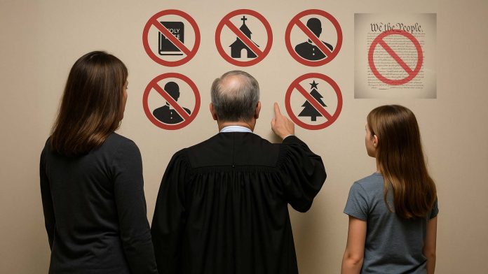 Judge Instructin Mom and Daughter A judge in a black robe stands between a mother and her daughter, pointing at a wall covered with red “no” symbols placed over icons of a Bible, a church, a pastor, a Christmas tree, and even a crossed-out Constitution—visually representing a court order banning Christian faith and practice.