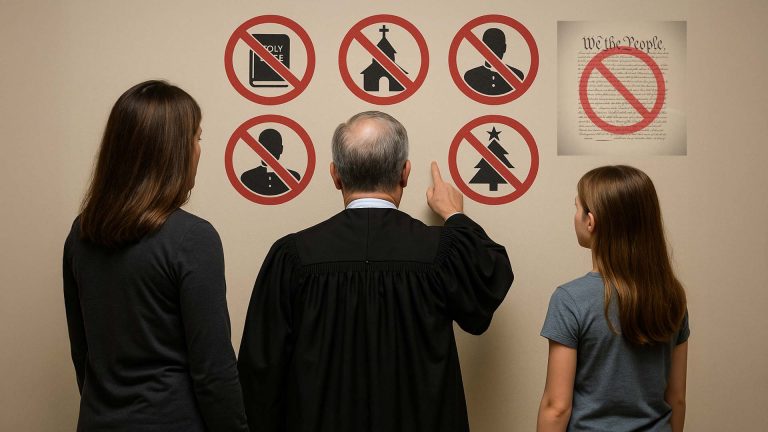 A judge in a black robe stands between a mother and her daughter, pointing at a wall covered with red “no” symbols placed over icons of a Bible, a church, a pastor, a Christmas tree, and even a crossed-out Constitution—visually representing a court order banning Christian faith and practice.