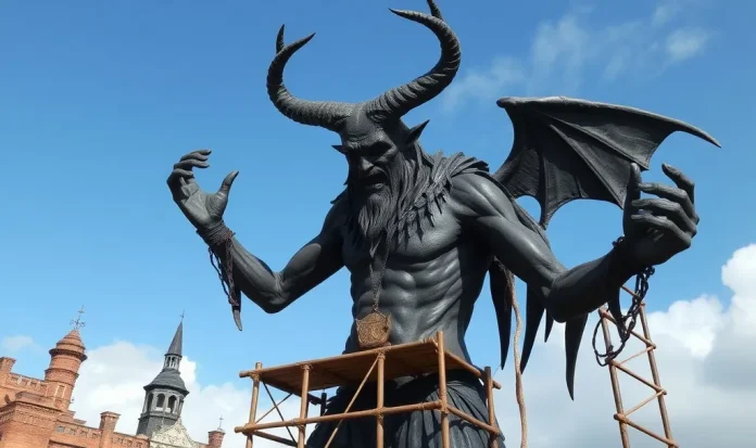 Satan Scafolding A towering horned demonic figure with wings looms over a wooden scaffolding structure, as if preparing or overseeing its construction, with castle-like buildings in the background under a bright sky.