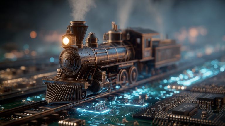 A nineteenth century steam locomotive racing across a glowing silicon microchip, its heavy iron wheels pressing onto delicate circuitry lit in blue. Smoke rises from the engine as the high tech chip beneath it glows, symbolizing the danger of rapid AI expansion.