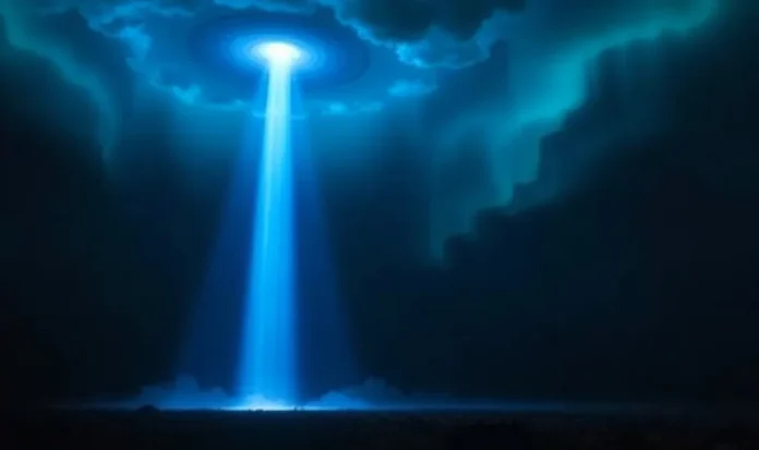UFO-style ring with multiple blue beams descending through the clouds. A dramatic blue beam of light shines down from a circular formation in storm clouds, creating the appearance of a supernatural or engineered sky phenomenon.