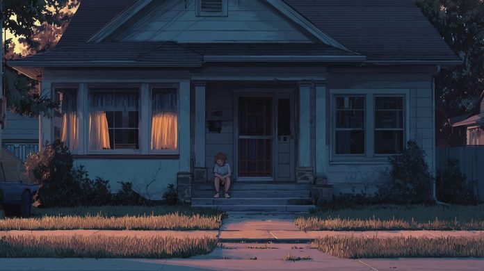 A lonely girl sits on the front steps of a quiet house at dusk, the dark windows and closed door giving the home an empty, sorrowful appearance.