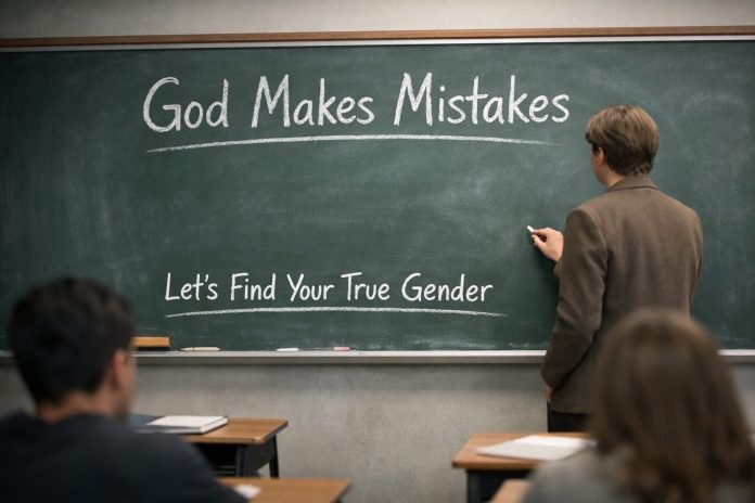 A realistic classroom scene showing a teacher writing on a chalkboard that reads “God Makes Mistakes” and “Let’s Find Your True Gender,” symbolizing ideological instruction about gender and creation in public schools.
