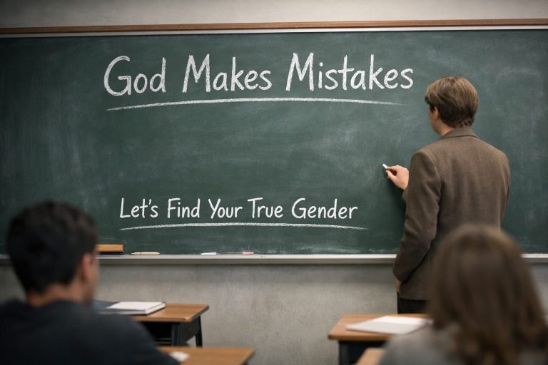 A realistic classroom scene showing a teacher writing on a chalkboard that reads “God Makes Mistakes” and “Let’s Find Your True Gender,” symbolizing ideological instruction about gender and creation in public schools.
