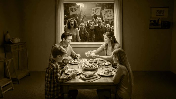 A calm family sits together eating dinner inside their home while a large group of angry protesters shout and hold signs outside the window. The family pays no attention to the chaos.