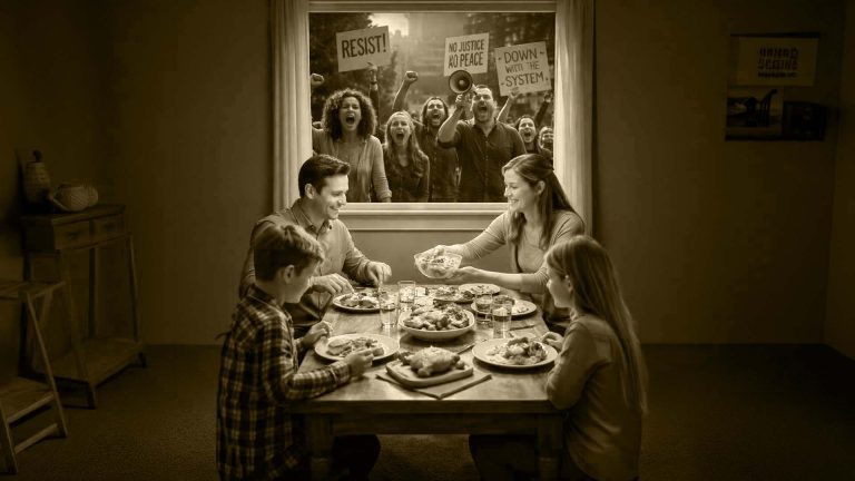 A calm family sits together eating dinner inside their home while a large group of angry protesters shout and hold signs outside the window. The family pays no attention to the chaos.