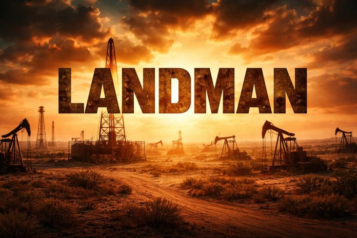 Landman Photo Landman title floating over a Texas oil field at sunset with pumpjacks and drilling rigs in the background.