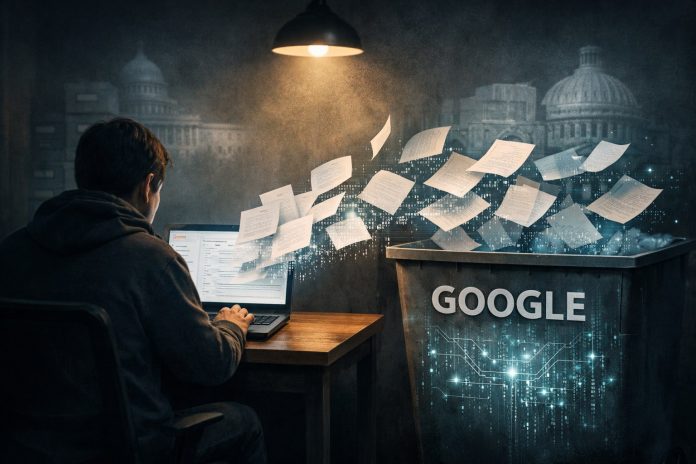 A man sits at a desk typing on a laptop with Gmail open. Sheets of paper representing private emails fly out of the laptop screen toward a large bin labeled Google, where the pages dissolve into glowing digital code. Faint silhouettes of government buildings appear in the background, suggesting silent oversight.