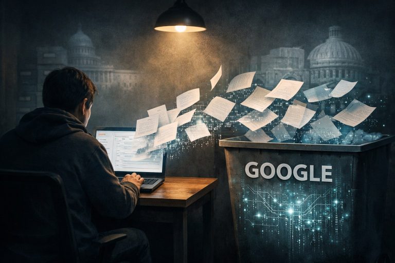 A man sits at a desk typing on a laptop with Gmail open. Sheets of paper representing private emails fly out of the laptop screen toward a large bin labeled Google, where the pages dissolve into glowing digital code. Faint silhouettes of government buildings appear in the background, suggesting silent oversight.