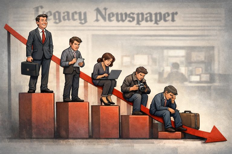 Illustration showing a downward red graph with journalists standing along it, becoming progressively smaller and more distressed as the line declines, ending with a laid-off journalist seated beside a suitcase, symbolizing the shrinking legacy newspaper industry.