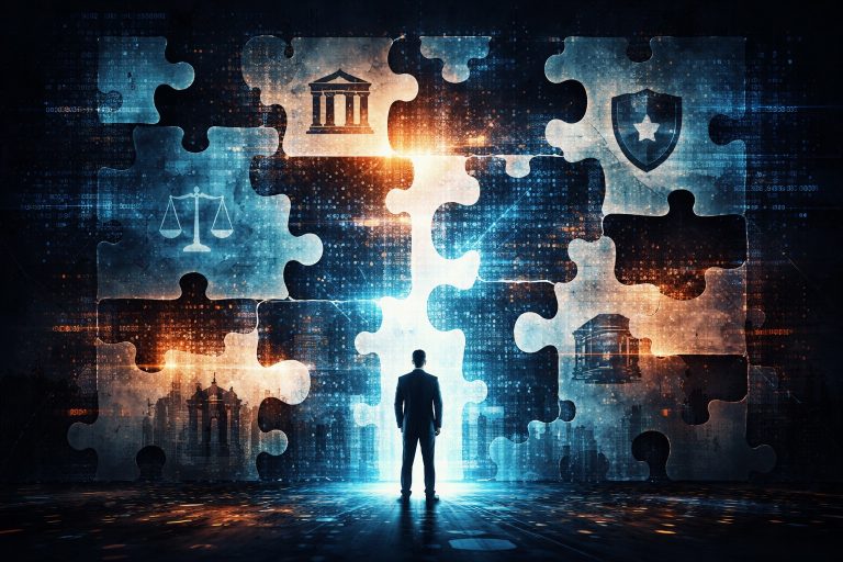 Abstract illustration of a fragmented justice system shown as broken puzzle pieces, with symbols of law, cybersecurity, and enforcement separated by digital data streams, representing criminals hiding behind digital infrastructure.