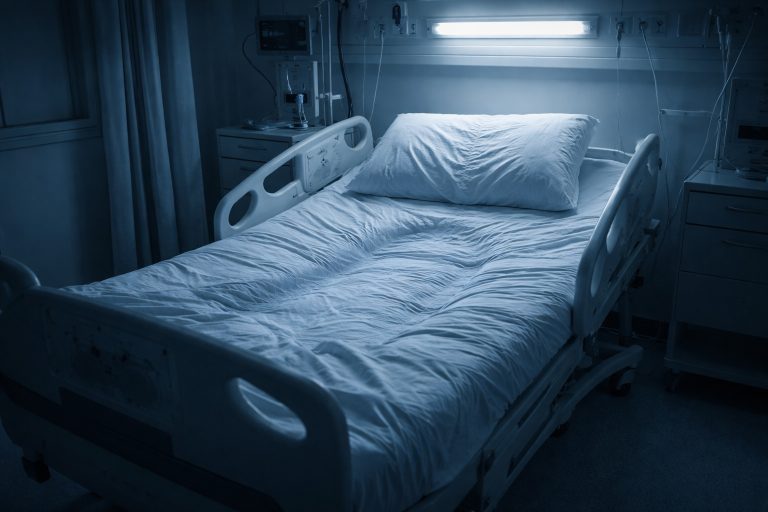 An empty hospital bed in a cold, frost-covered medical room, with a visible body-shaped imprint left in the sheets after a patient has been removed.