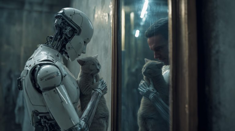 Humanoid android holding a cat while looking into a mirror that reflects a human performing the same act.
