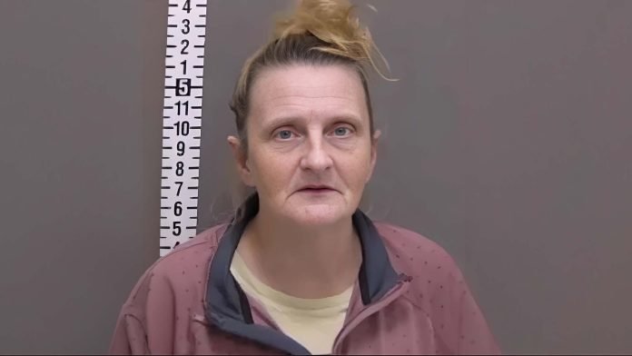 Mugshot of Angela Lipps taken by Fargo Police Department, showing a middle-aged woman standing in front of a height chart after her wrongful arrest in a facial recognition case.