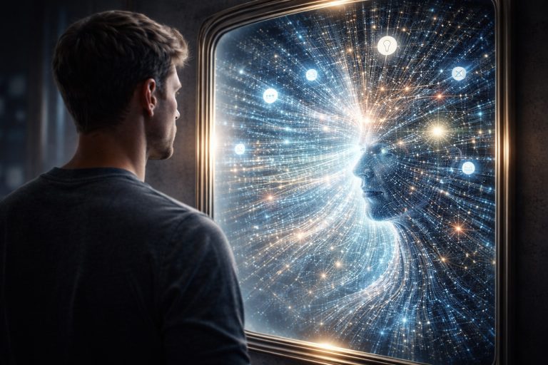 A man stands before a mirror, but instead of his reflection he sees a glowing network of digital connections forming a human face, surrounded by streams of symbols, data, and communication icons representing artificial intelligence reflecting human thought.