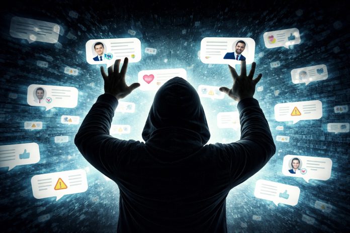 Grand Theft Voice Hooded figure seen from behind reaching toward glowing social media message bubbles with profile images, symbolizing stolen identities and hijacked online communication networks.