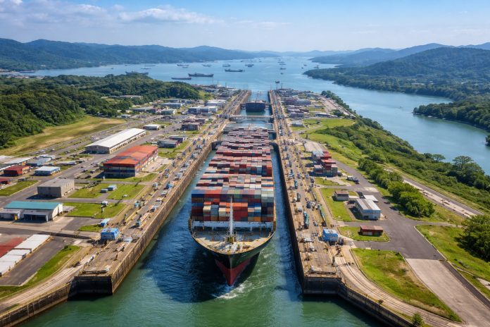 A wide aerial view of the Panama Canal showing a large container ship passing through the lock system, surrounded by green hills, waterways, and port infrastructure.