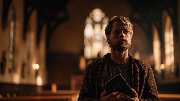 A man stands inside a dimly lit church holding a Bible close to his chest, warm light from stained glass windows illuminating his serious, contemplative expression.