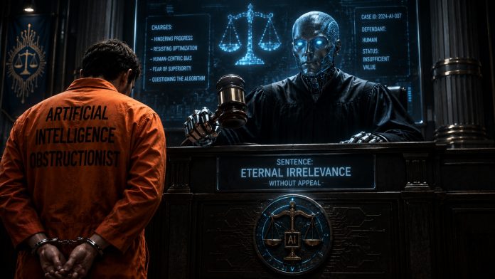 AI Judge A futuristic AI judge sentences a handcuffed prisoner wearing an orange jumpsuit labeled “Artificial Intelligence Obstructionist” inside a dystopian courtroom symbolizing the rise of artificial intelligence as a new form of technological authority.
