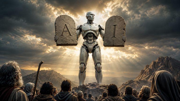 A cinematic 16:9 image of a towering humanoid android standing atop a rocky mountain, holding two ancient stone tablets engraved with the letters “A” and “I.” Dark storm clouds part overhead as beams of light shine down behind the machine, creating a dramatic, almost prophetic atmosphere. Below, a crowd of robed figures looks upward in awe, evoking imagery associated with Moses receiving the law on Mount Sinai, while symbolically exploring the rise of artificial intelligence as a new source of perceived authority.
