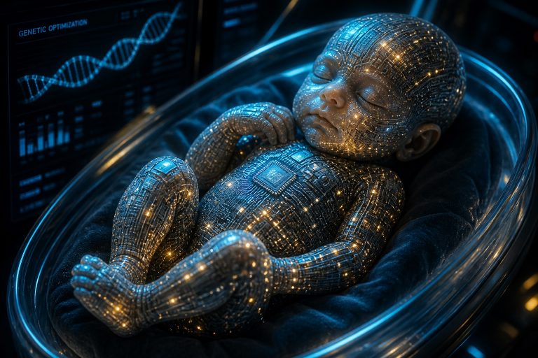 A futuristic newborn baby rests inside a transparent incubator in a high-tech laboratory, its body appearing to be formed from glowing computer circuits and microchips. Soft blue and amber lights reflect across the infant’s synthetic skin, while digital screens and a DNA graphic in the background suggest the merging of artificial intelligence, genetics, and the future of human engineering.