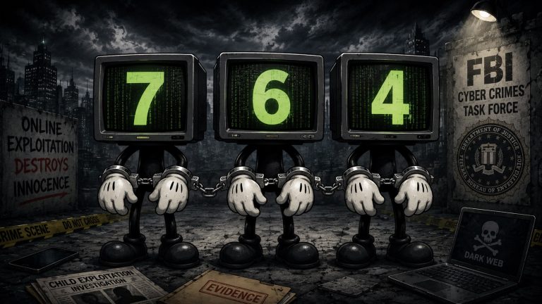 Dark illustration of three human figures with computer monitor heads displaying the numbers 7, 6, and 4, standing handcuffed together with cartoon-style gloves, surrounded by crime scene tape, FBI cyber crimes signage, and a shadowy city backdrop symbolizing online exploitation networks.