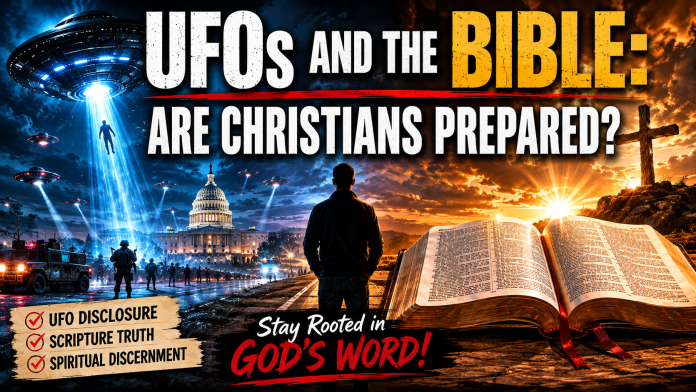 A dramatic 16:9 podcast thumbnail featuring UFOs hovering over Earth, an open Bible glowing in the foreground, a cross silhouetted against a fiery sky, and large bold text reading “UFOs and the Bible: Are Christians Prepared?” Figures stand looking toward mysterious lights in the heavens while the design emphasizes spiritual discernment, biblical truth, and UFO disclosure themes.