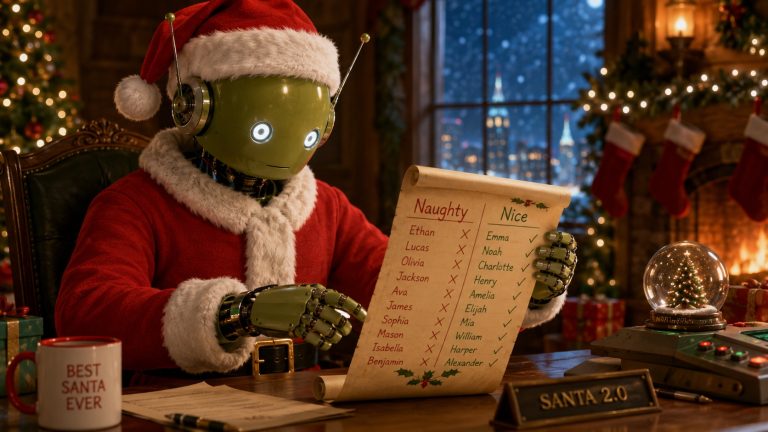 A humanoid android dressed as Santa Claus sits at a wooden desk in a warmly lit Christmas room, reviewing a parchment labeled “Naughty” and “Nice.” A decorated tree, fireplace, stockings, wrapped presents, and snowy city skyline create a festive atmosphere while the robot’s glowing eyes suggest an AI judging holiday behavior.