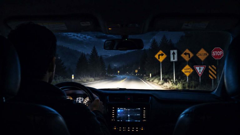 View from the back seat of a car driving at night along a dark winding road illuminated only by low beams. The silhouette of the driver is visible in the foreground, looking ahead through the windshield. Along the right side of the road are multiple road signs pointing in different directions and warning of conditions ahead, including turns, caution, stop, yield, and hazard signs. The road disappears into darkness beyond the reach of the headlights, symbolizing uncertainty, guidance, and moving forward without seeing the final destination.