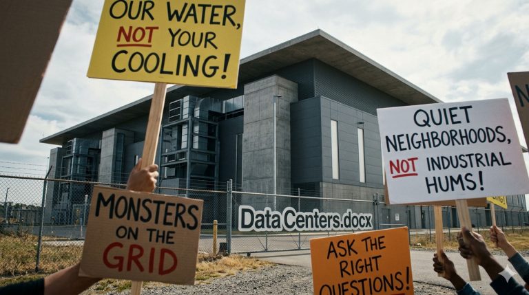 A wide 16:9 photograph taken from a low angle, showing the front of a massive, modern, windowless data center facility under a cloudy sky. The building features imposing concrete and sleek dark gray industrial panels with large ventilation shafts. In the immediate foreground, several hands hold up cardboard and poster-board protest signs on wooden sticks. The handwritten, bold lettering on the signs features community slogans directly referencing themes from "Data Centers.docx", including "OUR WATER, NOT YOUR COOLING!", "MONSTERS ON THE GRID", "QUIET NEIGHBORHOODS, NOT INDUSTRIAL HUMS!", and "ASK THE RIGHT QUESTIONS!". A security chain-link fence separates the foreground protesters from the facility