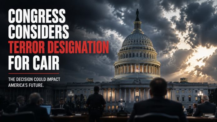 Dramatic editorial graphic of the United States Capitol beneath dark storm clouds, with blurred figures in a congressional hearing room in the foreground. Large headline text reads, "Congress Considers Terror Designation for CAIR," symbolizing congressional debate over H.R. 8236 and national security.