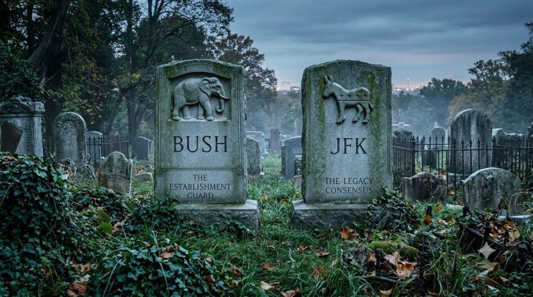 A wide 16:9 shot of a gloomy, overcast graveyard at dusk. In the foreground, two prominent stone tombstones stand side-by-side amidst overgrown green grass and ivy. The tombstone on the left features a carved political elephant logo at the top, with the name "BUSH" boldly engraved in the center, and the words "THE ESTABLISHMENT GUARD" at the bottom. The tombstone on the right features a carved political donkey logo at the top, with the name "JFK" boldly engraved in the center, and the words "THE LEGACY CONSENSUS" at the bottom. The background shows a hazy view of distant city lights and a wrought-iron cemetery fence under a moody sky.