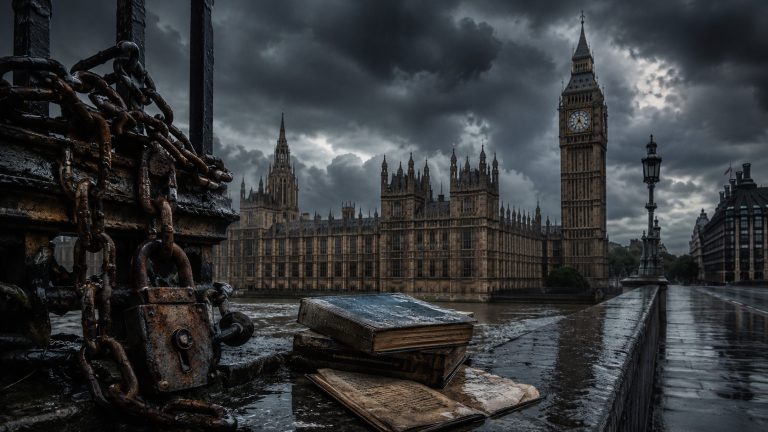 A dramatic view of the Houses of Parliament and Big Ben beneath dark, storm-filled skies. In the foreground, rusted chains wrap around an iron fence beside rain-soaked pavement and weathered books, creating a symbolic scene of oppression and decay. The cinematic lighting and heavy clouds cast a somber mood over the iconic London landmark, with no people present.