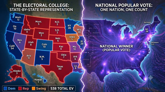 A split-screen, 16:9 conceptual graphic comparing the United States presidential election systems, titled "The Electoral College: State-by-State Representation" on the left and "National Popular Vote: One Nation, One Count" on the right. * Left Side (Electoral College): A vibrant, traditional map of the United States with clearly defined state boundaries. The states are color-coded in blocks of solid blue, red, and orange, labeled with state abbreviations and their corresponding electoral vote numbers (e.g., "Calif. 54", "Texas 40", "NY 28"). A legend at the bottom defines the colors as "Dem," "Rep," and "Swing" next to "538 Total EV." * Right Side (National Popular Vote): The same map of the United States, but the individual state boundaries are faded, dissolving, and being absorbed into a single, dominant deep purple color labeled "National Winner (Popular Vote)." Bright, glowing streaks of light and particle waves flow inward toward major, glowing population centers along the coasts and metropolitan areas, while smaller, less populated states appear to shrink or recede into the background. A glowing, jagged vertical line separates the two contrasting concepts down the center of the image.