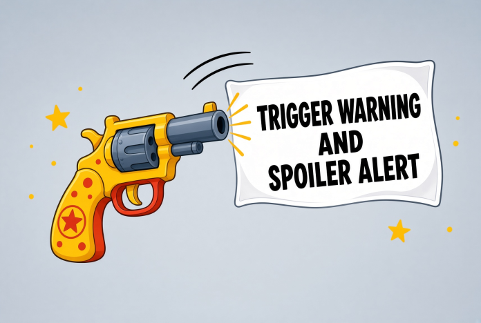 Cartoon yellow and orange toy gag pistol firing a white flag that reads “TRIGGER WARNING AND SPOILER ALERT” in bold black letters, with motion lines and small yellow stars against a light blue-gray background.
