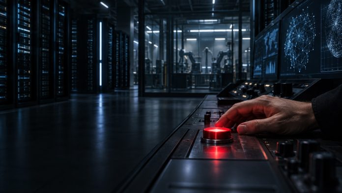 A human hand hovers over a glowing red control button inside a dark AI server room, symbolizing that people control the machine.