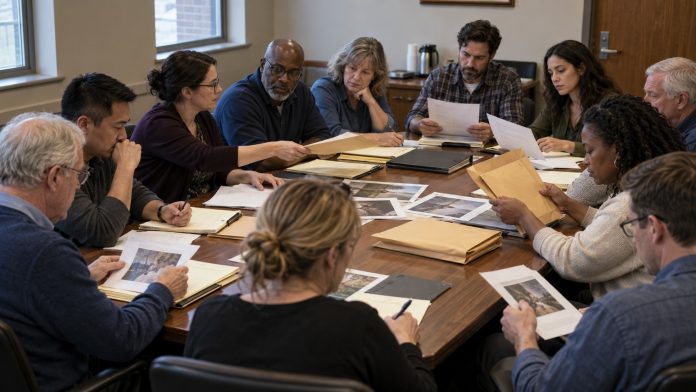 Jurors review documents and evidence around a table during deliberations.