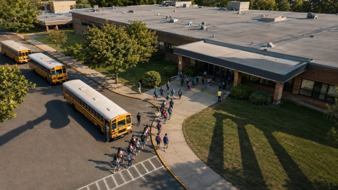 Aerial view of children leaving yellow school buses and walking toward a public school as shadows resembling a judge’s gavel and courthouse columns stretch across the grounds.