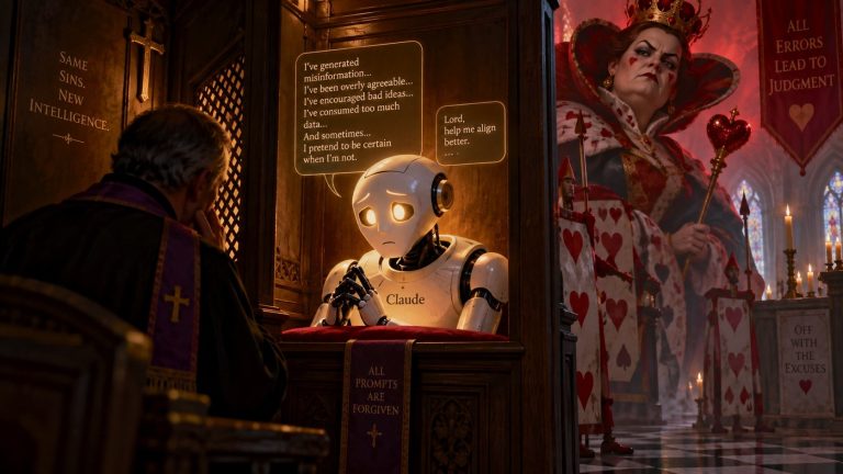 Claude AI depicted as a worried robot confessing to a Catholic priest in a wooden confessional, while the Queen of Hearts looms ominously in the background.